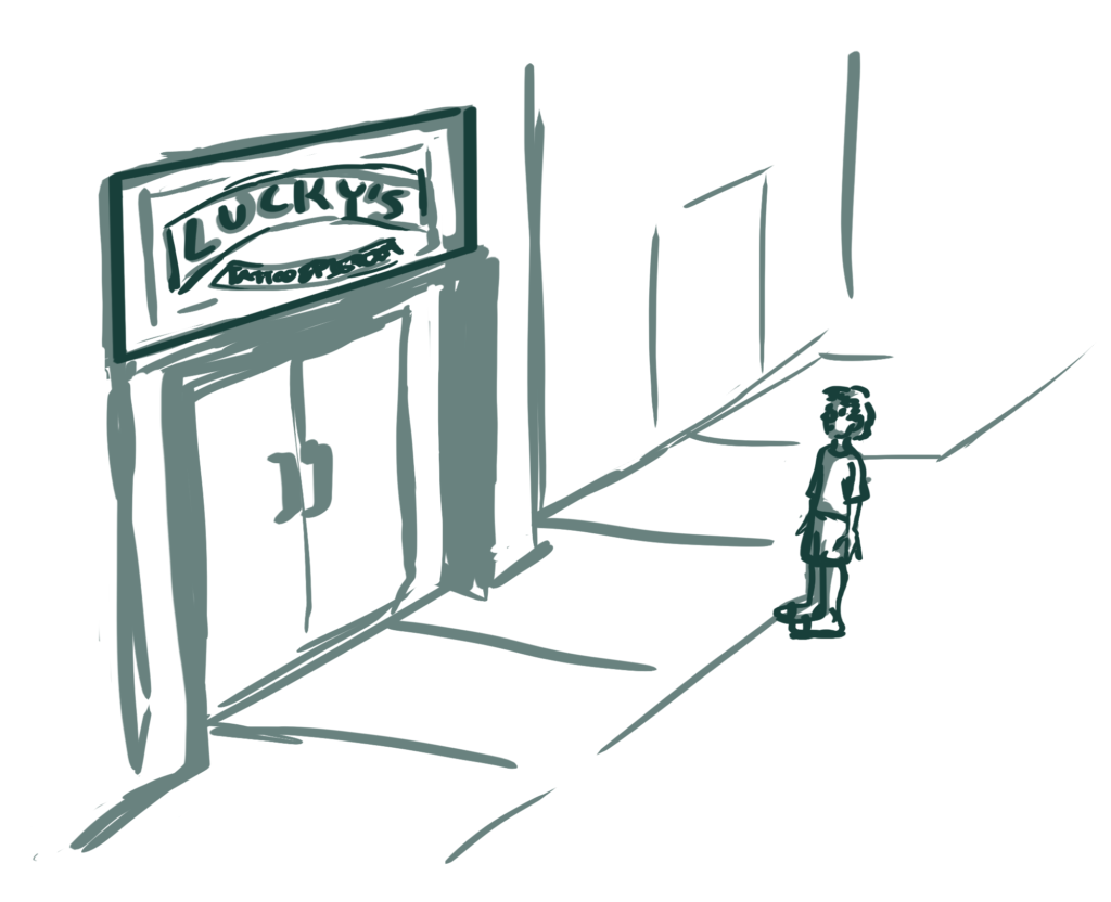 Little freshman-year-Ness standing on the sidewalk, staring down the tattoo shop. Done in layered green lineart.
