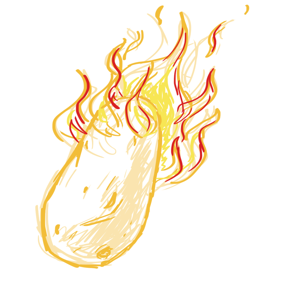 orange lineart drawing of a potato on fire