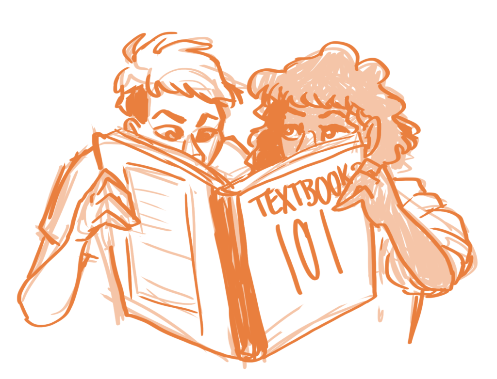 a pair of friends studying from a comically-large book titled "textbooks 101."